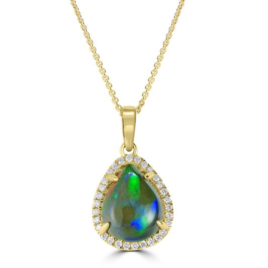 14K Yellow Gold Kimmie Black Opal Necklace with Diamond Halo Setting