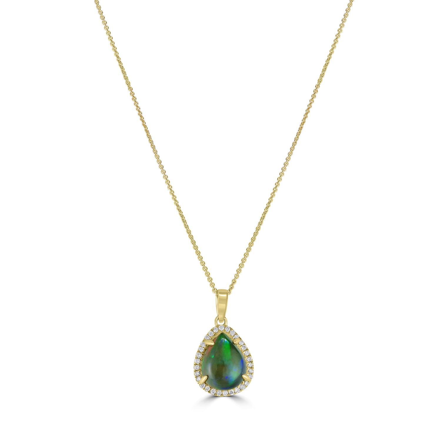 14K Yellow Gold Kimmie Black Opal Necklace with Diamond Halo Setting