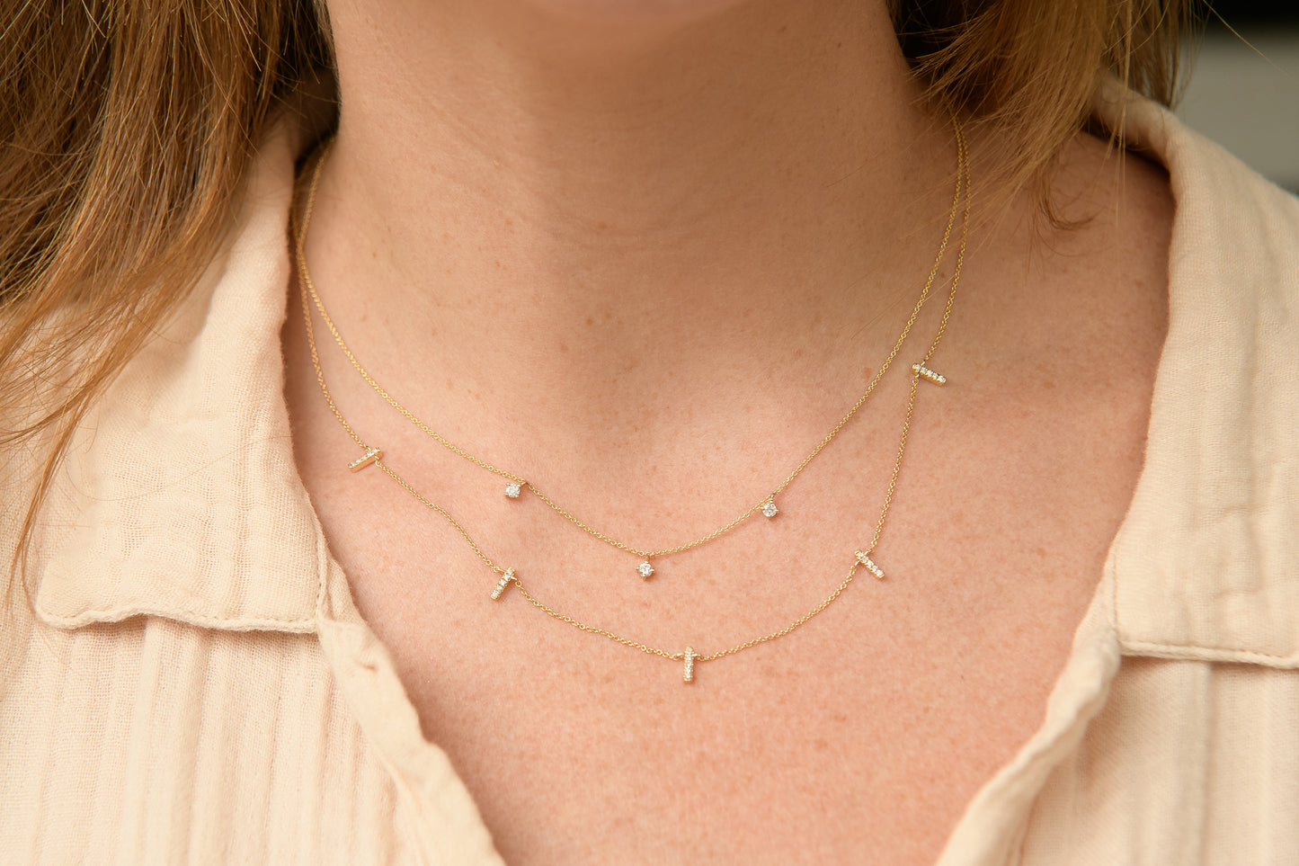 14K Yellow Gold Chestert Necklace with Round Cut Diamonds