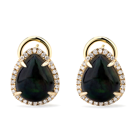 14K Yellow Gold Kimmie Black Opal Earrings with Diamond Halo Setting