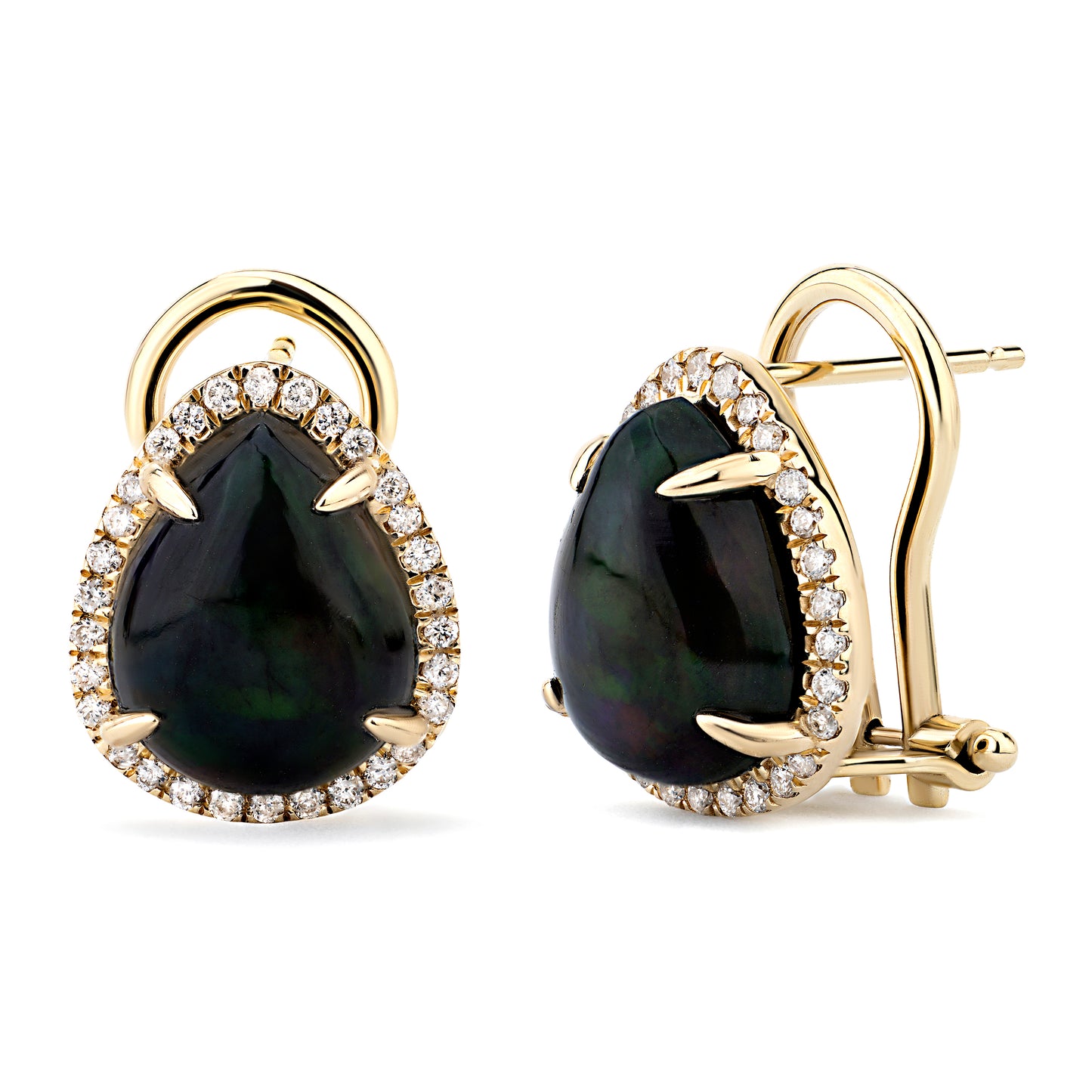 14K Yellow Gold Kimmie Black Opal Earrings with Diamond Halo Setting
