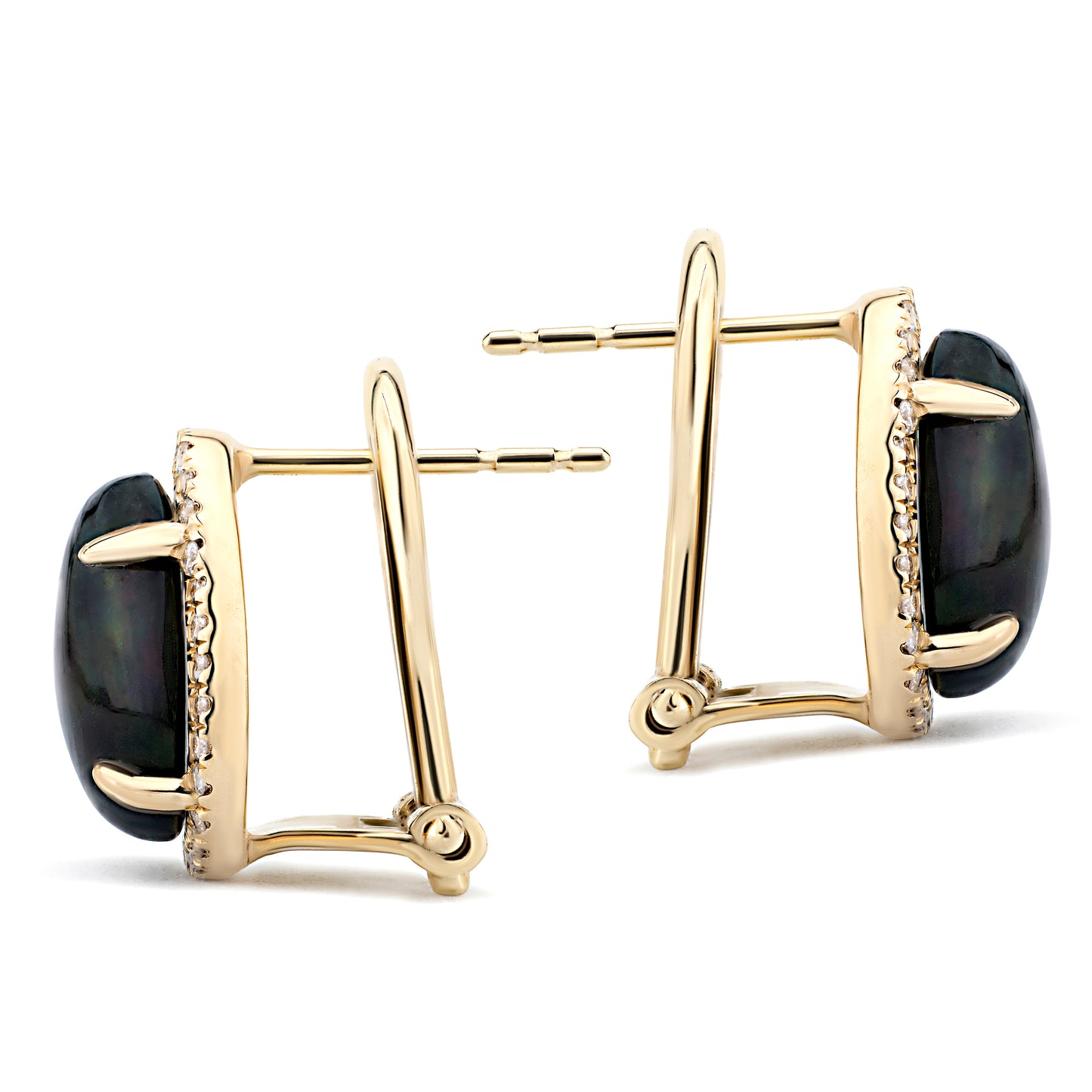 14K Yellow Gold Kimmie Black Opal Earrings with Diamond Halo Setting