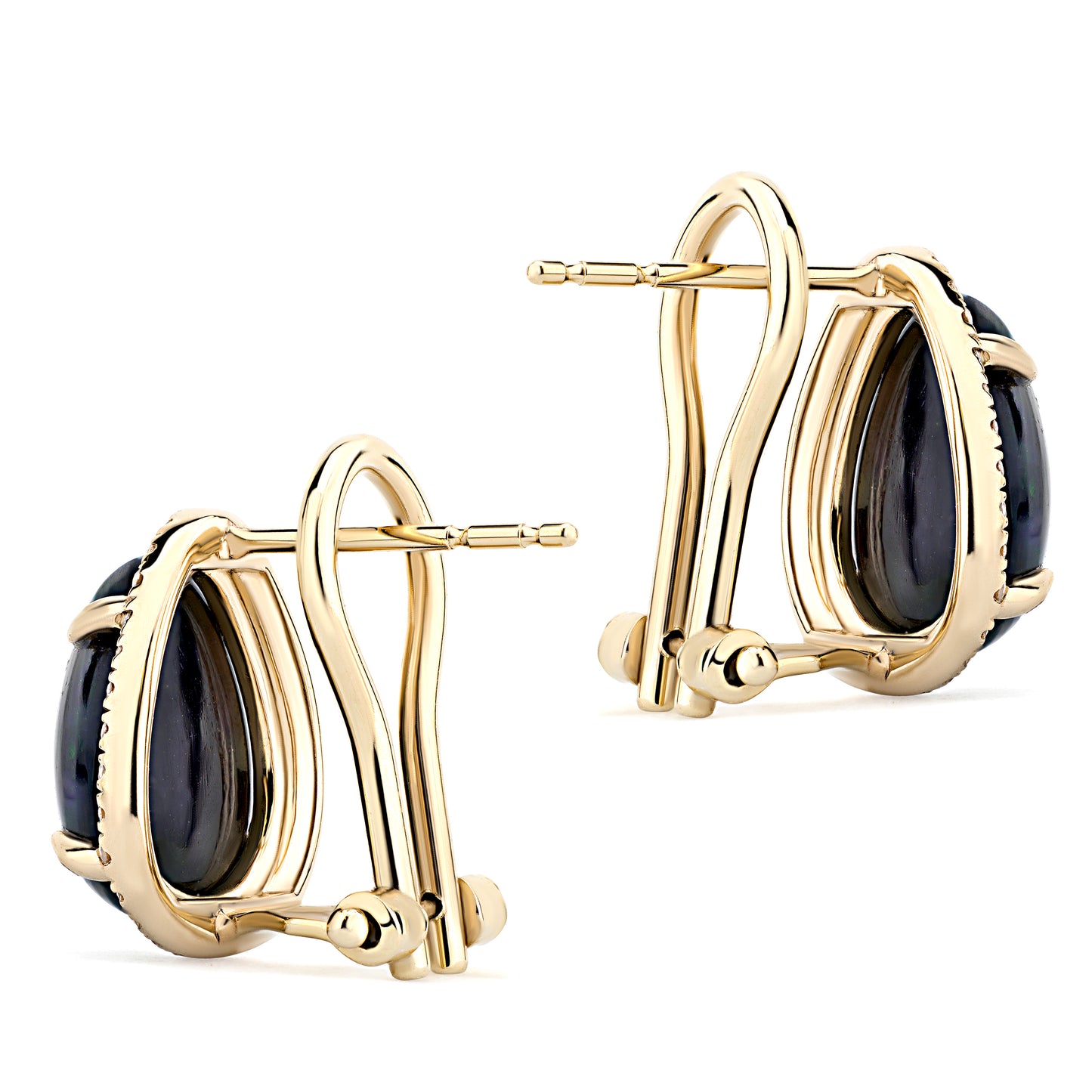 14K Yellow Gold Kimmie Black Opal Earrings with Diamond Halo Setting