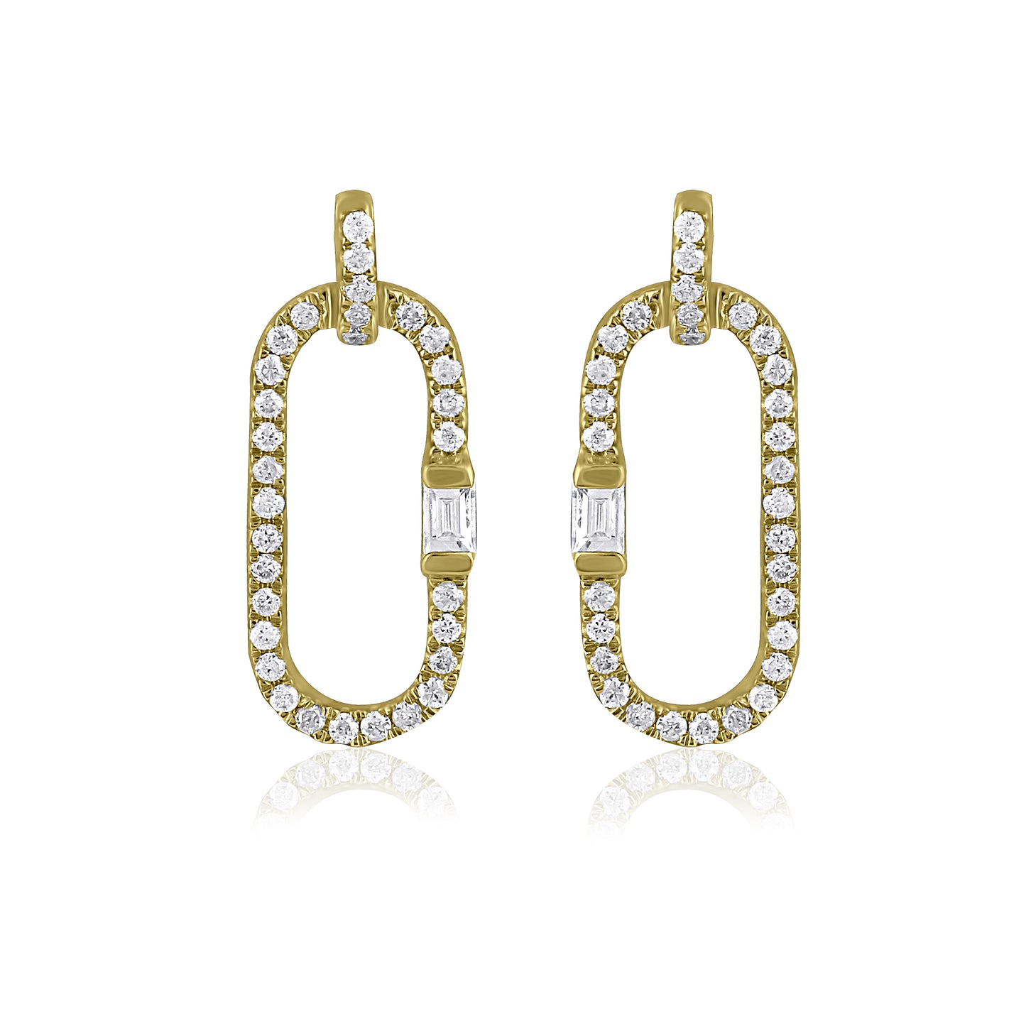 14K Yellow Gold Oval Drop Dangle Earrings with Pavé Diamonds