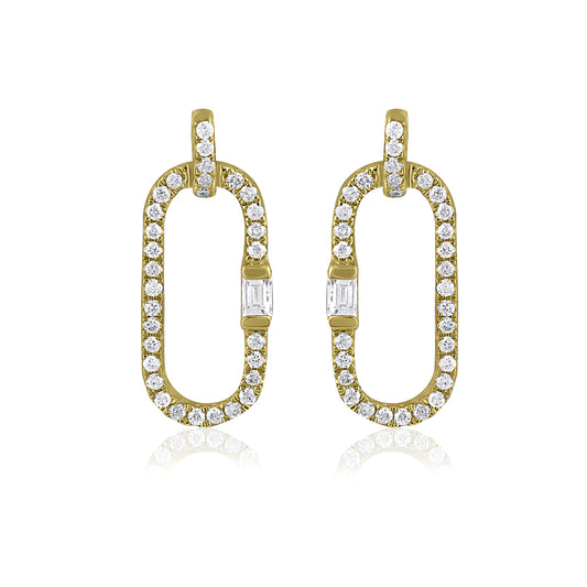 14K Yellow Gold Oval Drop Dangle Earrings with Pavé Diamonds