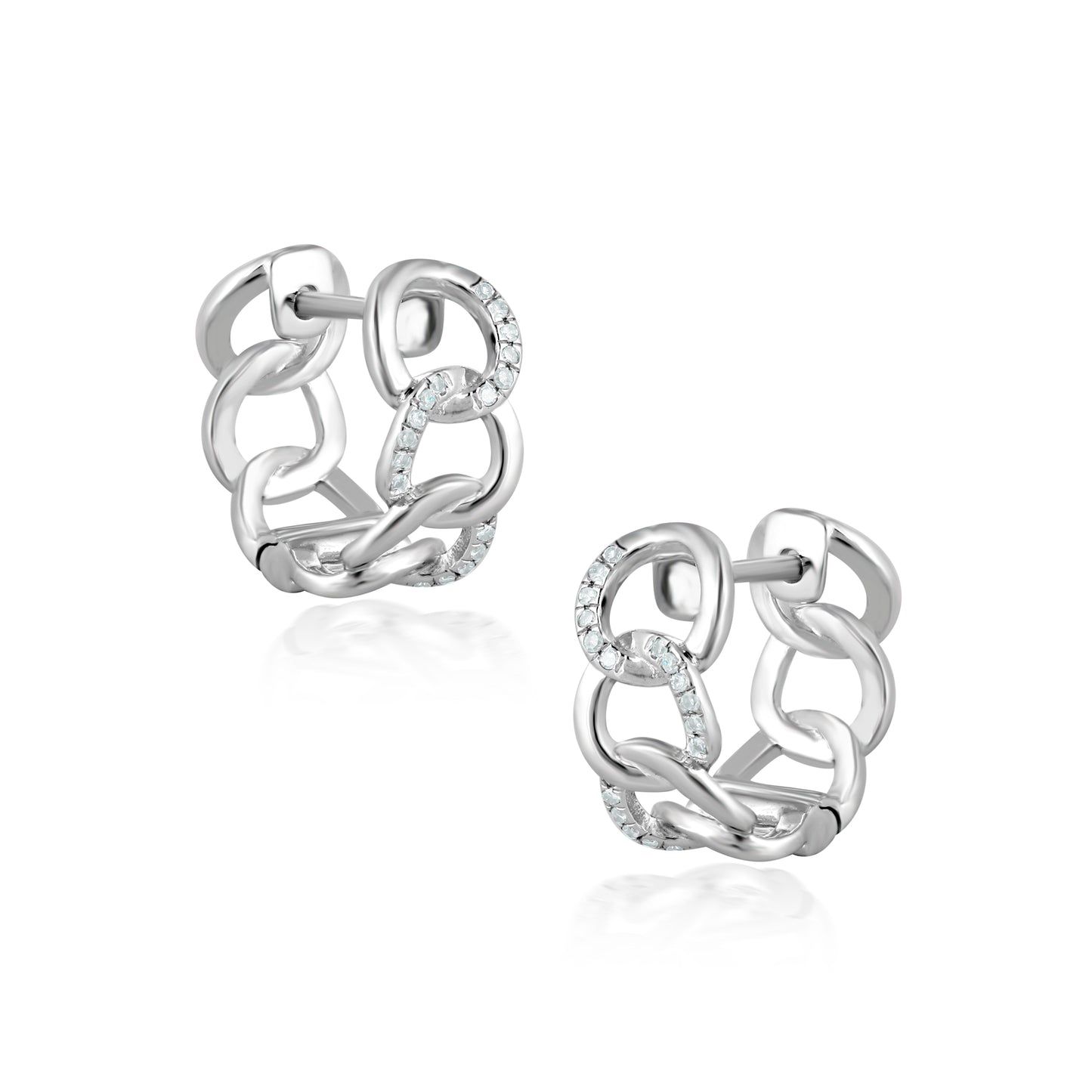 14K White Gold Chain Link Hoop Earrings with Pavé Diamonds