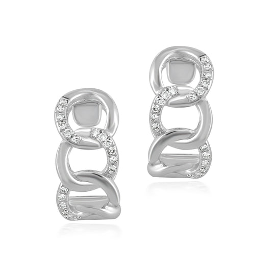 14K White Gold Chain Link Hoop Earrings with Pavé Diamonds
