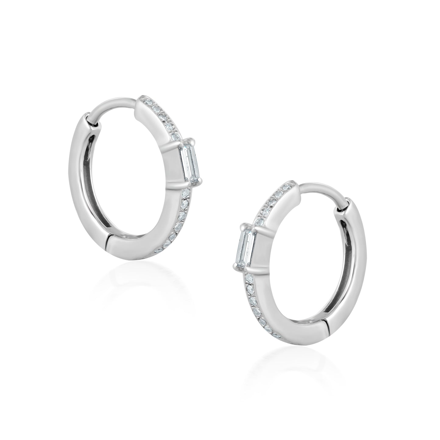 14K White Gold Hoop Earrings with Emerald Round Cut Diamonds