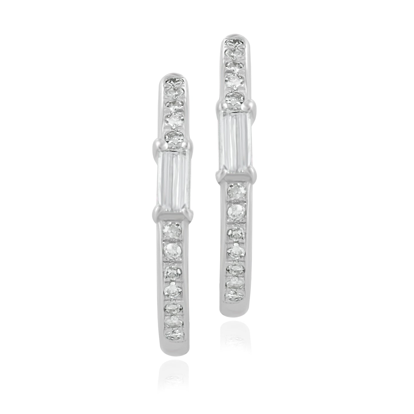 14K White Gold Hoop Earrings with Emerald Round Cut Diamonds