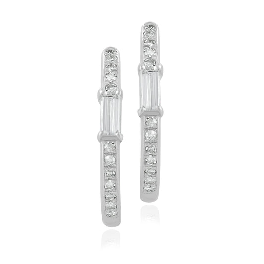 14K White Gold Hoop Earrings with Emerald Round Cut Diamonds