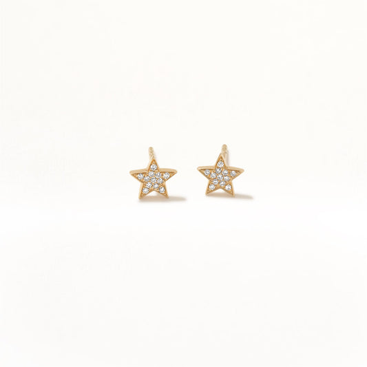 14K Yellow Gold Dainty Diamond Star Stud Earrings