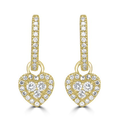 14K Yellow Gold Diamond Heart Drop Earrings