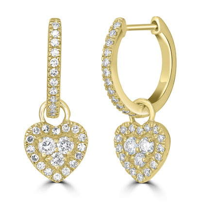 14K Yellow Gold Diamond Heart Drop Earrings