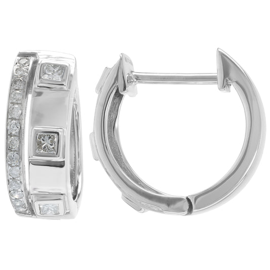 14K White Gold Hoop Earrings With Square and Round Diamonds