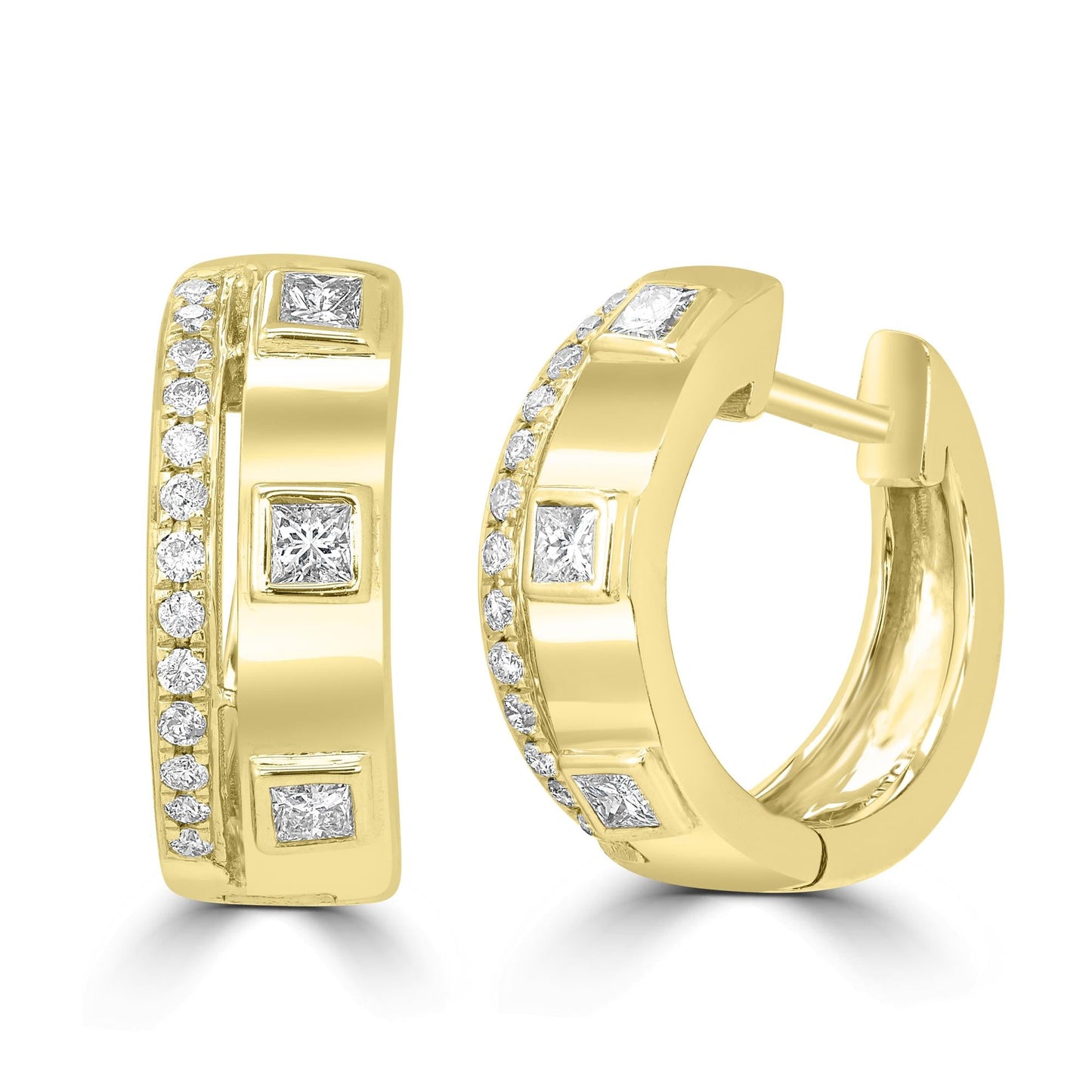 14K Yellow Gold Hoop Earrings With Square and Round Diamonds