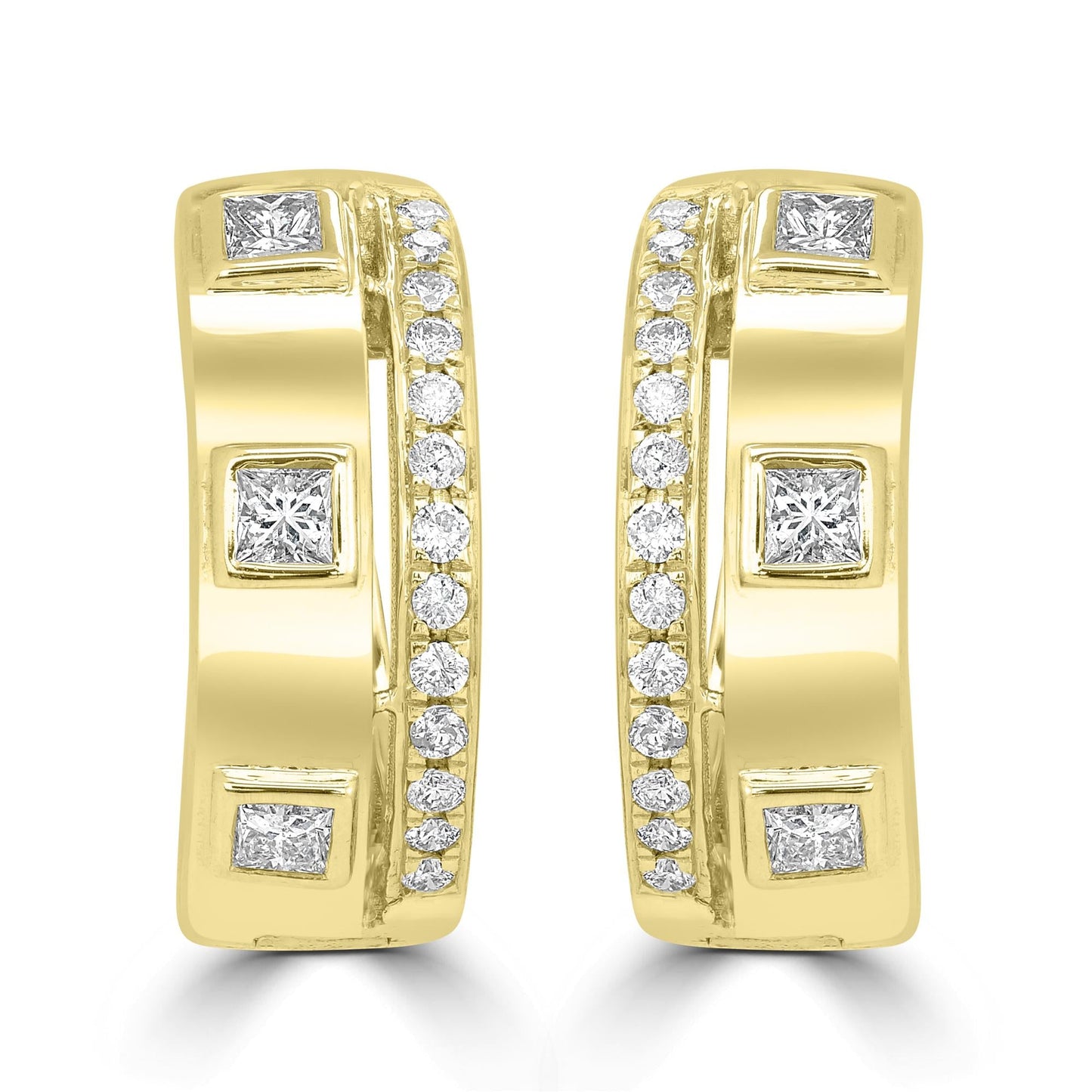 14K Yellow Gold Hoop Earrings With Square and Round Diamonds