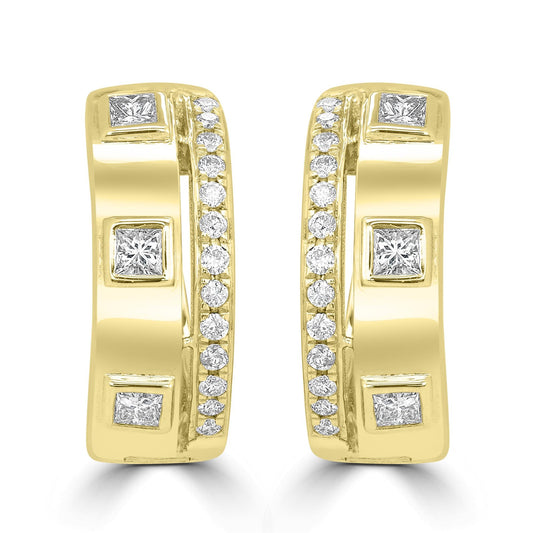 14K Yellow Gold Hoop Earrings With Square and Round Diamonds