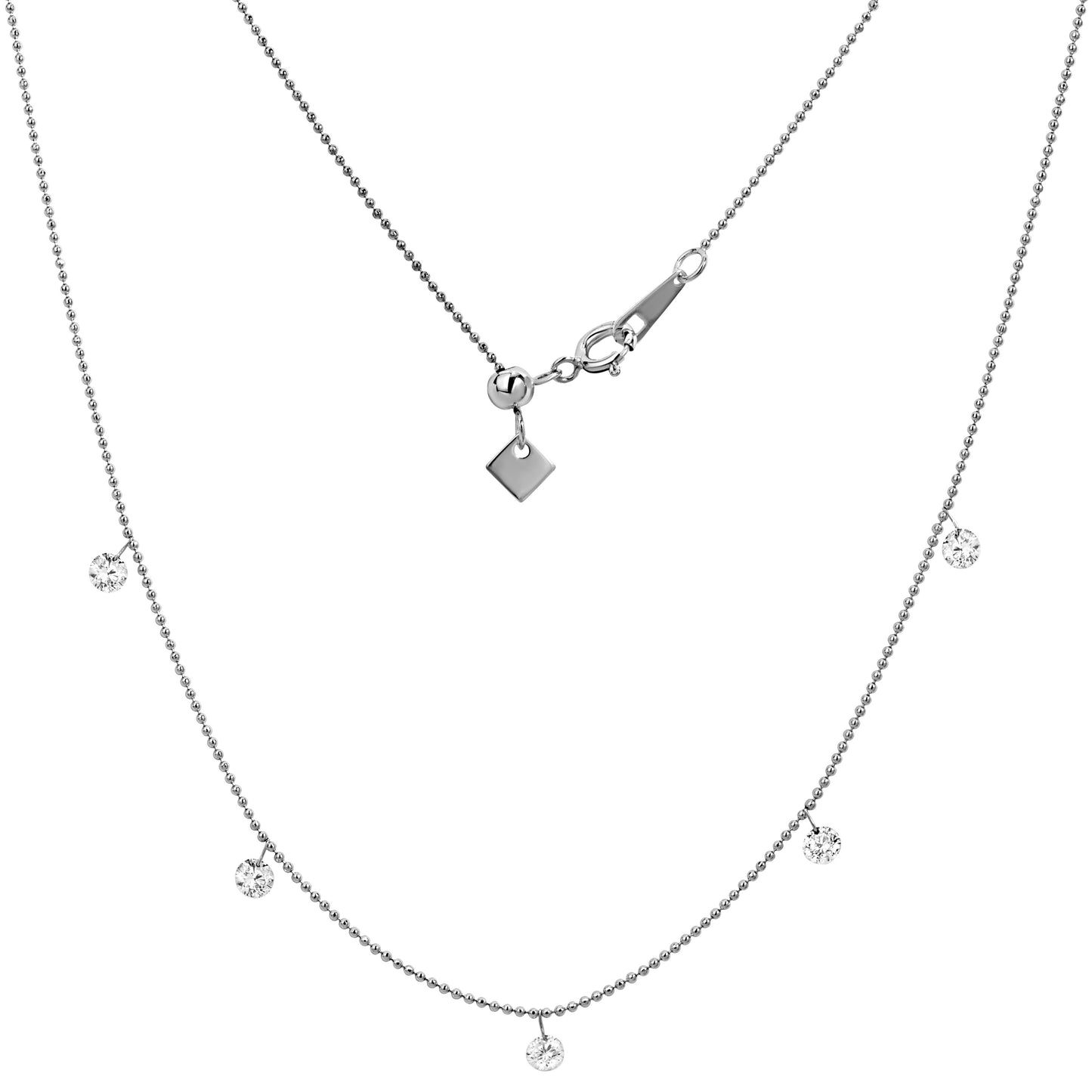 18K White Gold Beaded Five Diamond Drop Necklace
