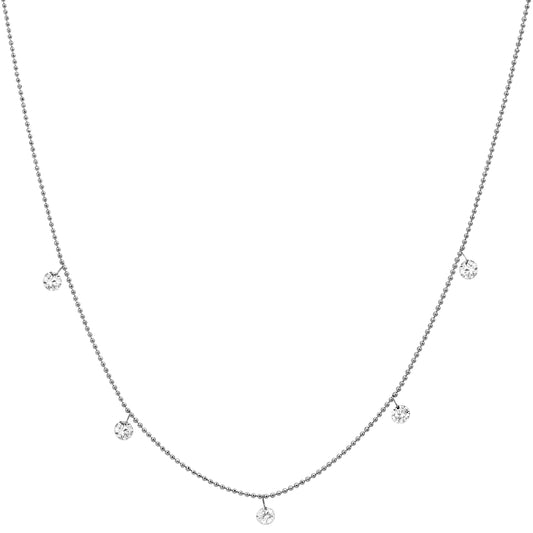 18K White Gold Beaded Five Diamond Drop Necklace