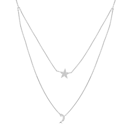 14K White Gold Layered Necklace with Diamond Moon and Star Pendants