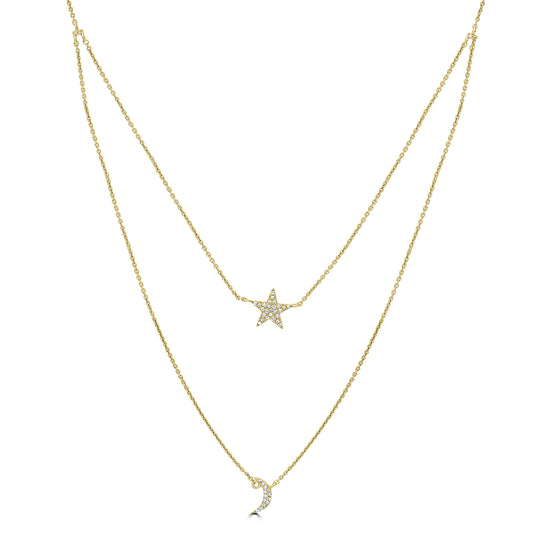14K Yellow Gold Layered Necklace with Diamond Moon & Star Pendants