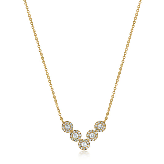 14K Yellow Gold Necklace with 5 Halo Diamond Pendant