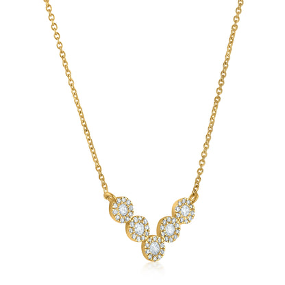 14K Yellow Gold Necklace with 5 Halo Diamond Pendant