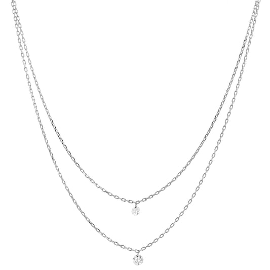18K White Gold Layered Chain Two Diamond Drop Necklace