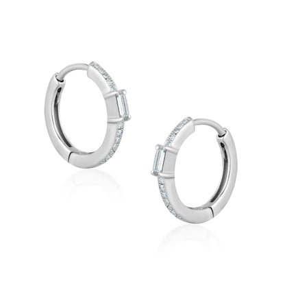 Emerald Cut and Round Diamond 14K White Gold Hoop Earrings