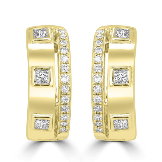 14K Gold Two Row Hoops With Square and Round Diamonds