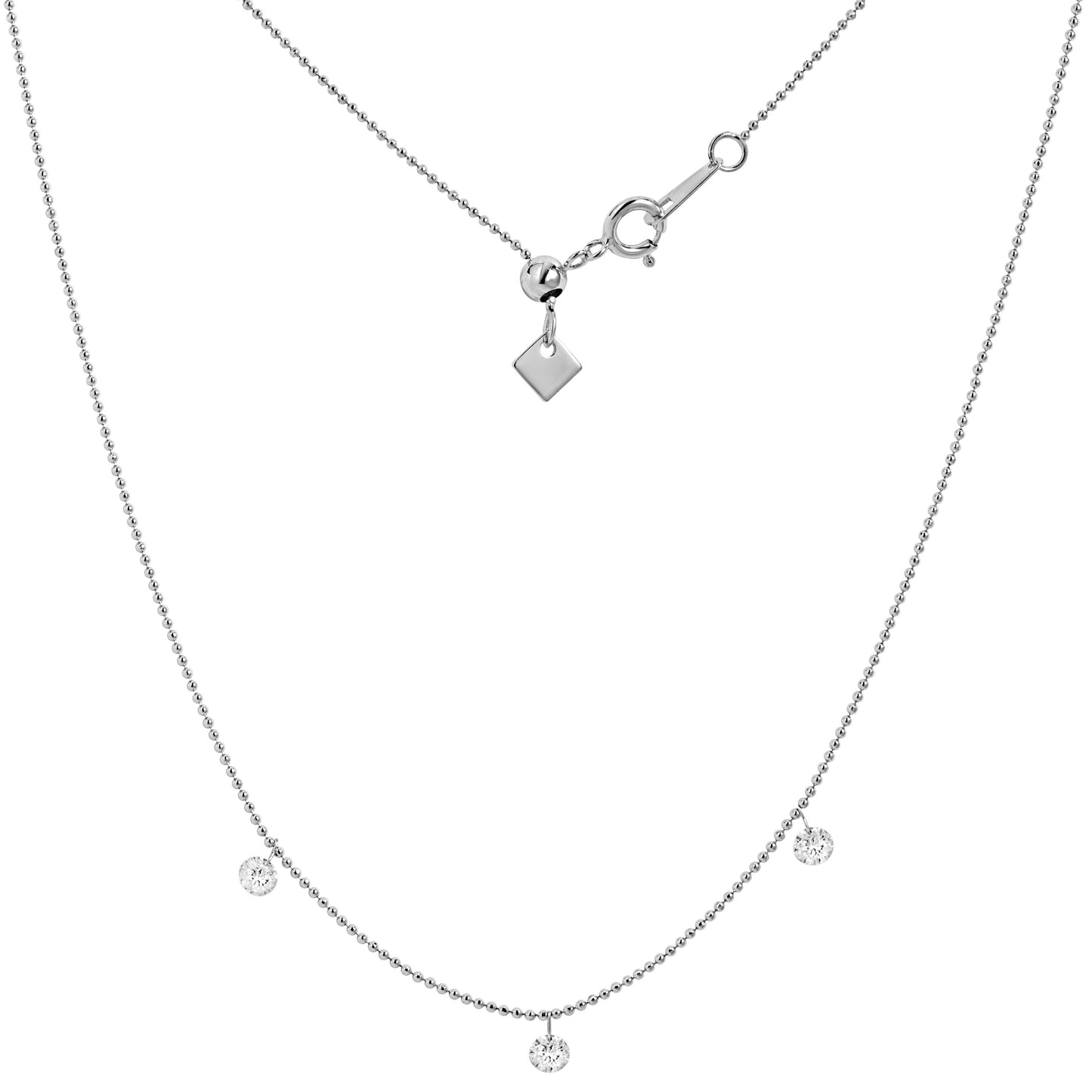 18K White Gold Beaded Three Diamond Necklace