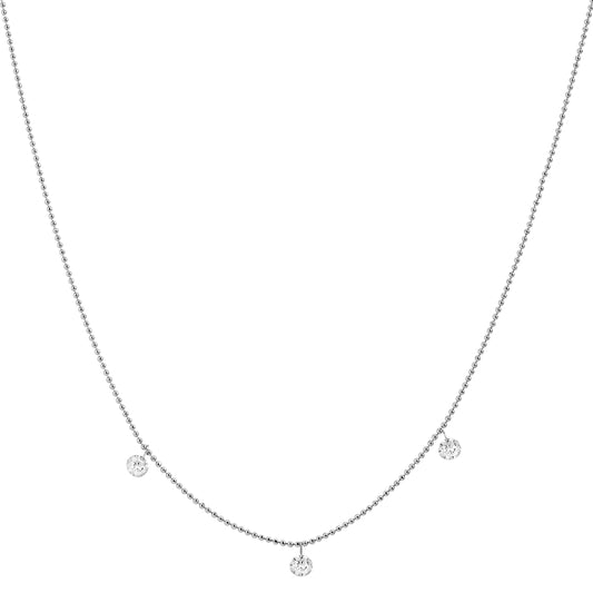 18K White Gold Beaded Chain 0.27 CT Triple Diamond Drop Necklace