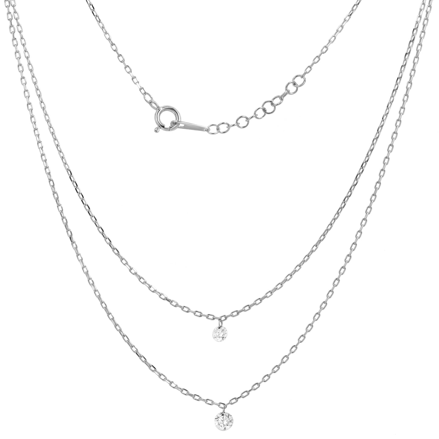 18K White Gold Layered Chain Two Diamond Drop Necklace