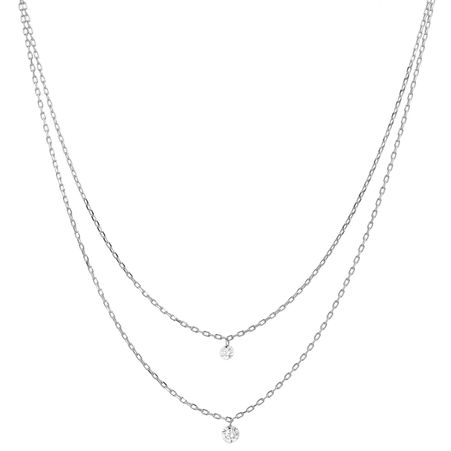 18K White Gold Layered Chain Two Diamond Drop Necklace
